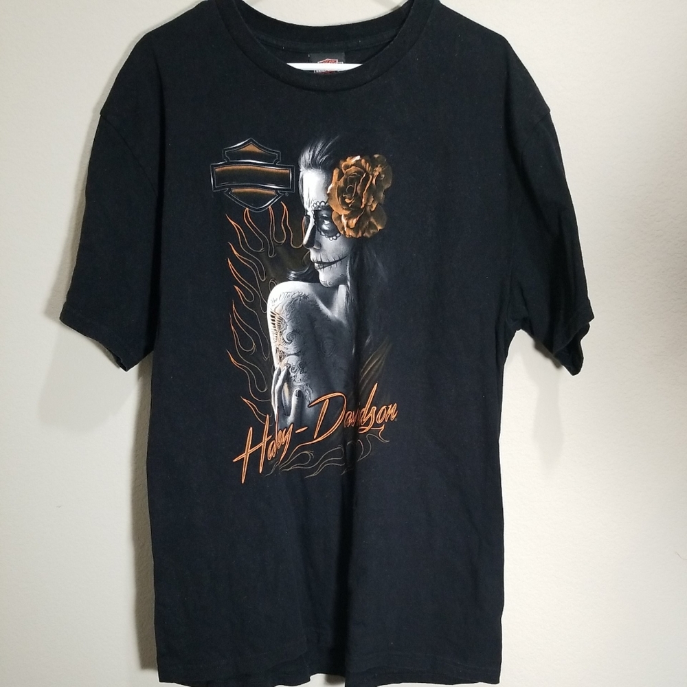 Harley Davidson Temple Texas Toad T-Shirt Mens Size XL Black Skull Woman Flames.